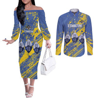 Eswatini Football Custom Couples Matching Off The Shoulder Long Sleeve Dress and Long Sleeve Button Shirt Sihlangu Semnikati Blue - Wonder Print Shop