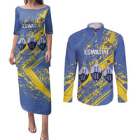 Eswatini Football Custom Couples Matching Puletasi and Long Sleeve Button Shirt Sihlangu Semnikati Blue - Wonder Print Shop