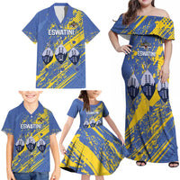 Eswatini Football Custom Family Matching Off Shoulder Maxi Dress and Hawaiian Shirt Sihlangu Semnikati Blue - Wonder Print Shop