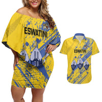 Eswatini Football Custom Couples Matching Off Shoulder Short Dress and Hawaiian Shirt Sihlangu Semnikati Yellow - Wonder Print Shop