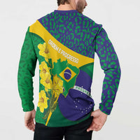 Brazil Independence Day Button Sweatshirt Ordem e Progresso Map With Golden Trumpet - Wonder Print Shop