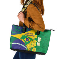 Brazil Independence Day Leather Tote Bag Ordem e Progresso Map With Golden Trumpet - Wonder Print Shop