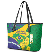 Brazil Independence Day Leather Tote Bag Ordem e Progresso Map With Golden Trumpet - Wonder Print Shop