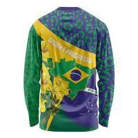 Brazil Independence Day Long Sleeve Shirt Ordem e Progresso Map With Golden Trumpet - Wonder Print Shop