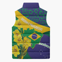 Brazil Independence Day Sleeveless Puffer Jacket Ordem e Progresso Map With Golden Trumpet - Wonder Print Shop