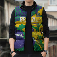 Brazil Independence Day Sleeveless Puffer Jacket Ordem e Progresso Map With Golden Trumpet - Wonder Print Shop