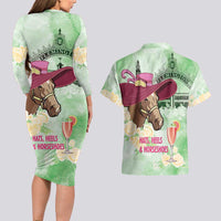 Australia Cup Melbourne Horse Racing Couples Matching Long Sleeve Bodycon Dress and Hawaiian Shirt Hats Heels & Horseshoes Yellow Roses - Wonder Print Shop