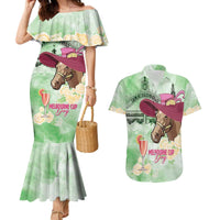 Australia Cup Melbourne Horse Racing Couples Matching Mermaid Dress and Hawaiian Shirt Hats Heels & Horseshoes Yellow Roses - Wonder Print Shop