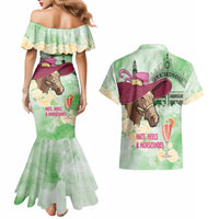 Australia Cup Melbourne Horse Racing Couples Matching Mermaid Dress and Hawaiian Shirt Hats Heels & Horseshoes Yellow Roses - Wonder Print Shop