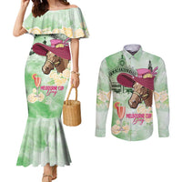 Australia Cup Melbourne Horse Racing Couples Matching Mermaid Dress and Long Sleeve Button Shirt Hats Heels & Horseshoes Yellow Roses - Wonder Print Shop