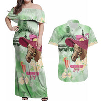 Australia Cup Melbourne Horse Racing Couples Matching Off Shoulder Maxi Dress and Hawaiian Shirt Hats Heels & Horseshoes Yellow Roses - Wonder Print Shop