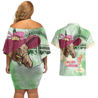 Australia Cup Melbourne Horse Racing Couples Matching Off Shoulder Short Dress and Hawaiian Shirt Hats Heels & Horseshoes Yellow Roses - Wonder Print Shop