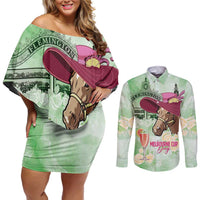 Australia Cup Melbourne Horse Racing Couples Matching Off Shoulder Short Dress and Long Sleeve Button Shirt Hats Heels & Horseshoes Yellow Roses - Wonder Print Shop