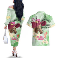 Australia Cup Melbourne Horse Racing Couples Matching Off The Shoulder Long Sleeve Dress and Hawaiian Shirt Hats Heels & Horseshoes Yellow Roses - Wonder Print Shop