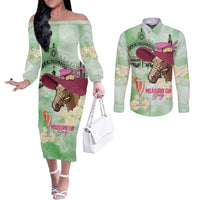 Australia Cup Melbourne Horse Racing Couples Matching Off The Shoulder Long Sleeve Dress and Long Sleeve Button Shirt Hats Heels & Horseshoes Yellow Roses - Wonder Print Shop