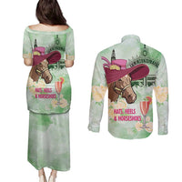 Australia Cup Melbourne Horse Racing Couples Matching Puletasi and Long Sleeve Button Shirt Hats Heels & Horseshoes Yellow Roses - Wonder Print Shop