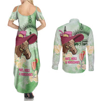 Australia Cup Melbourne Horse Racing Couples Matching Summer Maxi Dress and Long Sleeve Button Shirt Hats Heels & Horseshoes Yellow Roses - Wonder Print Shop
