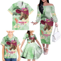 Australia Cup Melbourne Horse Racing Family Matching Off The Shoulder Long Sleeve Dress and Hawaiian Shirt Hats Heels & Horseshoes Yellow Roses - Wonder Print Shop