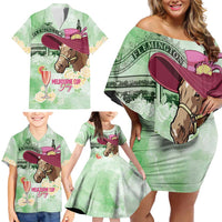 Australia Cup Melbourne Horse Racing Family Matching Off Shoulder Short Dress and Hawaiian Shirt Hats Heels & Horseshoes Yellow Roses - Wonder Print Shop