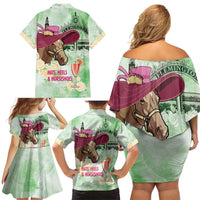 Australia Cup Melbourne Horse Racing Family Matching Off Shoulder Short Dress and Hawaiian Shirt Hats Heels & Horseshoes Yellow Roses - Wonder Print Shop