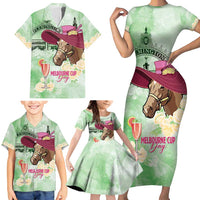 Australia Cup Melbourne Horse Racing Family Matching Short Sleeve Bodycon Dress and Hawaiian Shirt Hats Heels & Horseshoes Yellow Roses - Wonder Print Shop