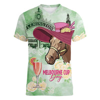 Australia Cup Melbourne Horse Racing Women V-Neck T-Shirt Hats Heels & Horseshoes Yellow Roses - Wonder Print Shop