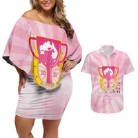 Australia Cup Melbourne Horse Racing Couples Matching Off Shoulder Short Dress and Hawaiian Shirt 2025 Champion Trophy With Horseshoe - Wonder Print Shop