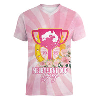 Australia Cup Melbourne Horse Racing Women V-Neck T-Shirt 2025 Champion Trophy With Horseshoe - Wonder Print Shop