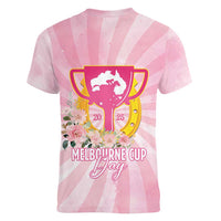 Australia Cup Melbourne Horse Racing Women V-Neck T-Shirt 2025 Champion Trophy With Horseshoe - Wonder Print Shop