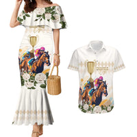 Australia Cup Caulfield Horse Racing Couples Matching Mermaid Dress and Hawaiian Shirt Champion Trophy Mix White Roses - Wonder Print Shop