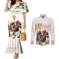 Australia Cup Caulfield Horse Racing Couples Matching Mermaid Dress and Long Sleeve Button Shirt Champion Trophy Mix White Roses - Wonder Print Shop