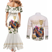Australia Cup Caulfield Horse Racing Couples Matching Mermaid Dress and Long Sleeve Button Shirt Champion Trophy Mix White Roses - Wonder Print Shop