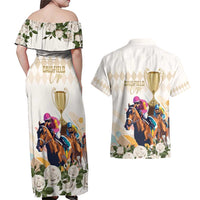Australia Cup Caulfield Horse Racing Couples Matching Off Shoulder Maxi Dress and Hawaiian Shirt Champion Trophy Mix White Roses - Wonder Print Shop