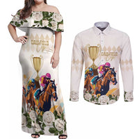 Australia Cup Caulfield Horse Racing Couples Matching Off Shoulder Maxi Dress and Long Sleeve Button Shirt Champion Trophy Mix White Roses - Wonder Print Shop