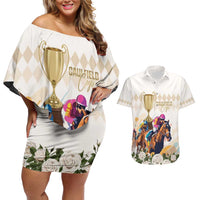 Australia Cup Caulfield Horse Racing Couples Matching Off Shoulder Short Dress and Hawaiian Shirt Champion Trophy Mix White Roses - Wonder Print Shop