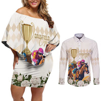 Australia Cup Caulfield Horse Racing Couples Matching Off Shoulder Short Dress and Long Sleeve Button Shirt Champion Trophy Mix White Roses - Wonder Print Shop