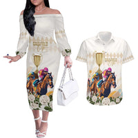 Australia Cup Caulfield Horse Racing Couples Matching Off The Shoulder Long Sleeve Dress and Hawaiian Shirt Champion Trophy Mix White Roses - Wonder Print Shop