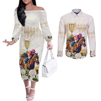 Australia Cup Caulfield Horse Racing Couples Matching Off The Shoulder Long Sleeve Dress and Long Sleeve Button Shirt Champion Trophy Mix White Roses - Wonder Print Shop