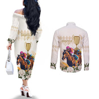 Australia Cup Caulfield Horse Racing Couples Matching Off The Shoulder Long Sleeve Dress and Long Sleeve Button Shirt Champion Trophy Mix White Roses - Wonder Print Shop