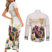 Australia Cup Caulfield Horse Racing Couples Matching Short Sleeve Bodycon Dress and Long Sleeve Button Shirt Champion Trophy Mix White Roses - Wonder Print Shop
