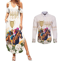 Australia Cup Caulfield Horse Racing Couples Matching Summer Maxi Dress and Long Sleeve Button Shirt Champion Trophy Mix White Roses - Wonder Print Shop