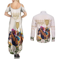Australia Cup Caulfield Horse Racing Couples Matching Summer Maxi Dress and Long Sleeve Button Shirt Champion Trophy Mix White Roses - Wonder Print Shop