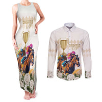 Australia Cup Caulfield Horse Racing Couples Matching Tank Maxi Dress and Long Sleeve Button Shirt Champion Trophy Mix White Roses - Wonder Print Shop