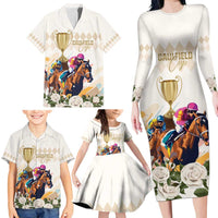 Australia Cup Caulfield Horse Racing Family Matching Long Sleeve Bodycon Dress and Hawaiian Shirt Champion Trophy Mix White Roses - Wonder Print Shop