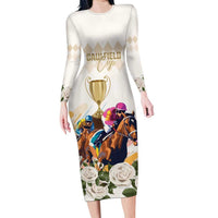 Australia Cup Caulfield Horse Racing Family Matching Long Sleeve Bodycon Dress and Hawaiian Shirt Champion Trophy Mix White Roses - Wonder Print Shop