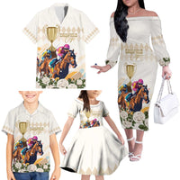 Australia Cup Caulfield Horse Racing Family Matching Off The Shoulder Long Sleeve Dress and Hawaiian Shirt Champion Trophy Mix White Roses - Wonder Print Shop