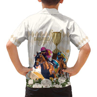 Australia Cup Caulfield Horse Racing Family Matching Off Shoulder Maxi Dress and Hawaiian Shirt Champion Trophy Mix White Roses - Wonder Print Shop