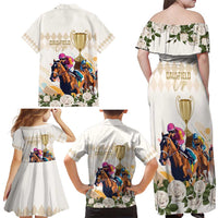 Australia Cup Caulfield Horse Racing Family Matching Off Shoulder Maxi Dress and Hawaiian Shirt Champion Trophy Mix White Roses - Wonder Print Shop