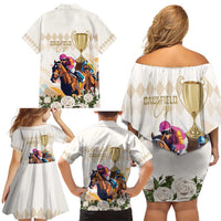 Australia Cup Caulfield Horse Racing Family Matching Off Shoulder Short Dress and Hawaiian Shirt Champion Trophy Mix White Roses - Wonder Print Shop