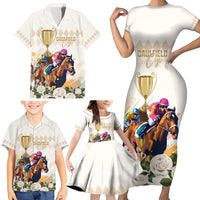 Australia Cup Caulfield Horse Racing Family Matching Short Sleeve Bodycon Dress and Hawaiian Shirt Champion Trophy Mix White Roses - Wonder Print Shop